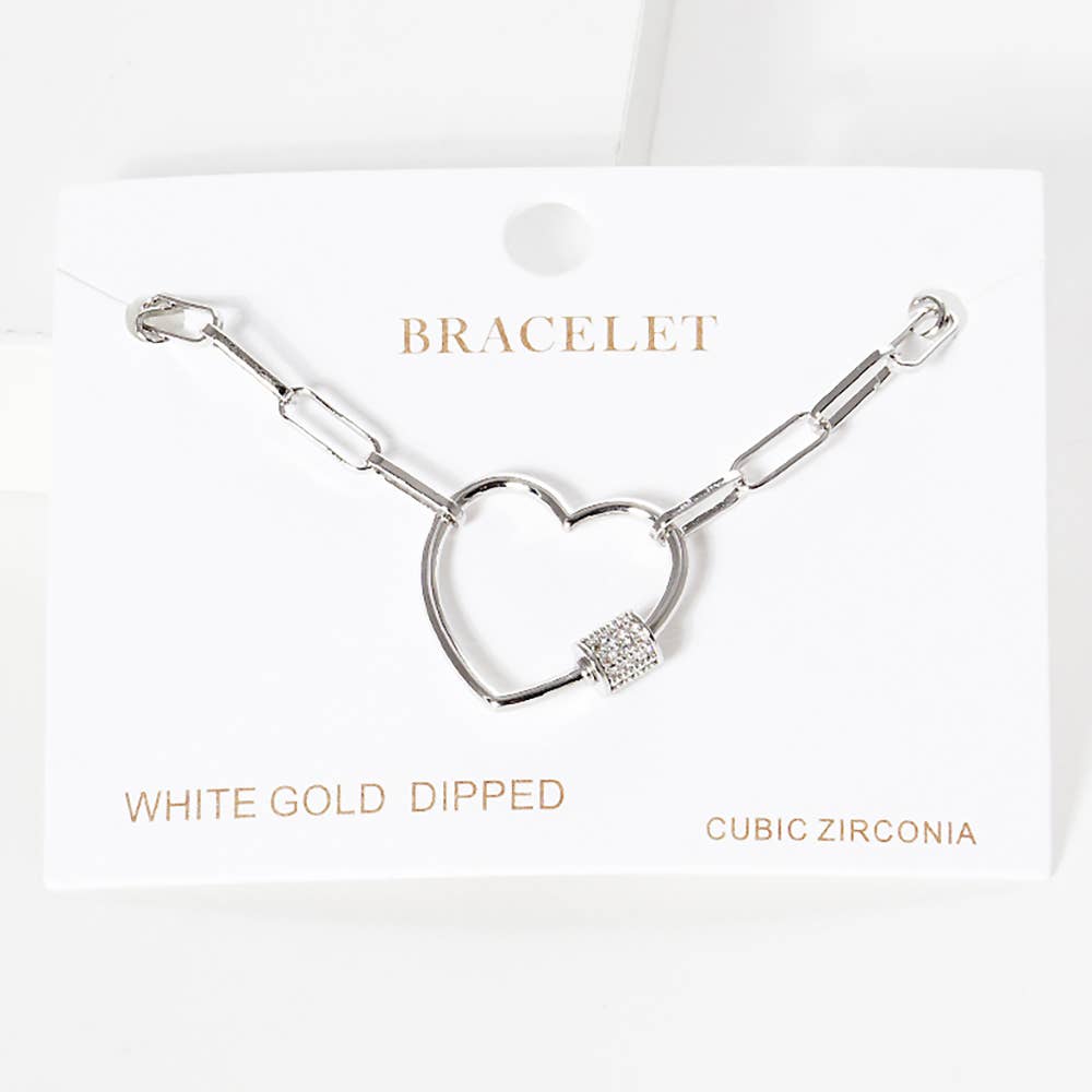 CZ Open Heart Carabiner Paperclip Chain Bracelet