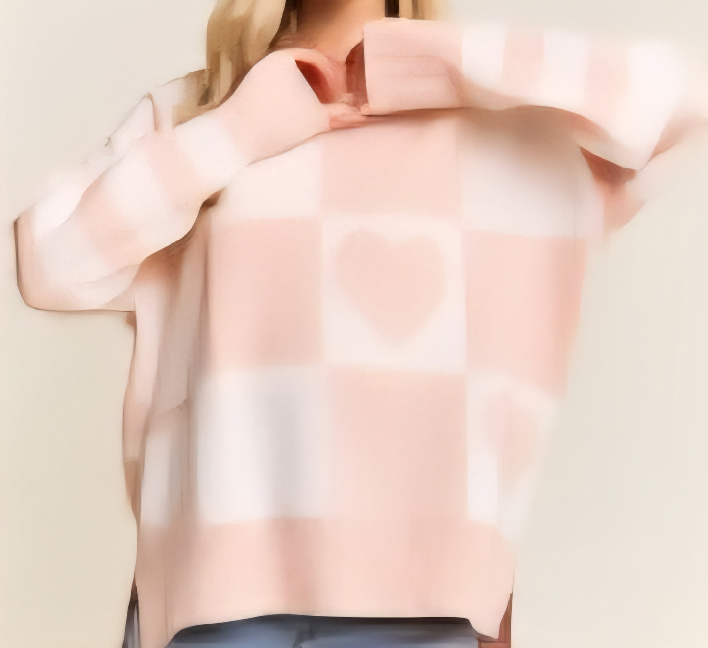 Crew Neck Checker Board Sweater Heart in Soft Pink/White