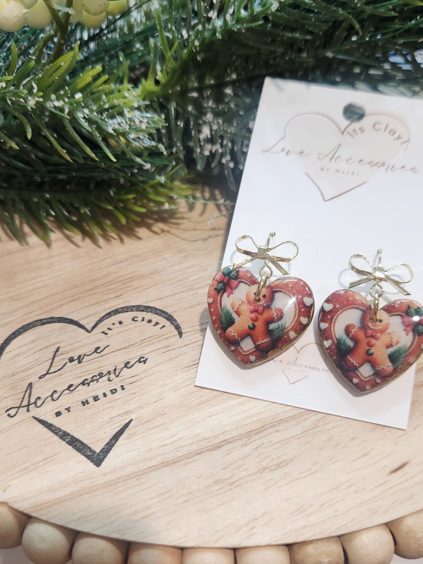 Gingerbread Heart w/gold bows Dangle Earrings