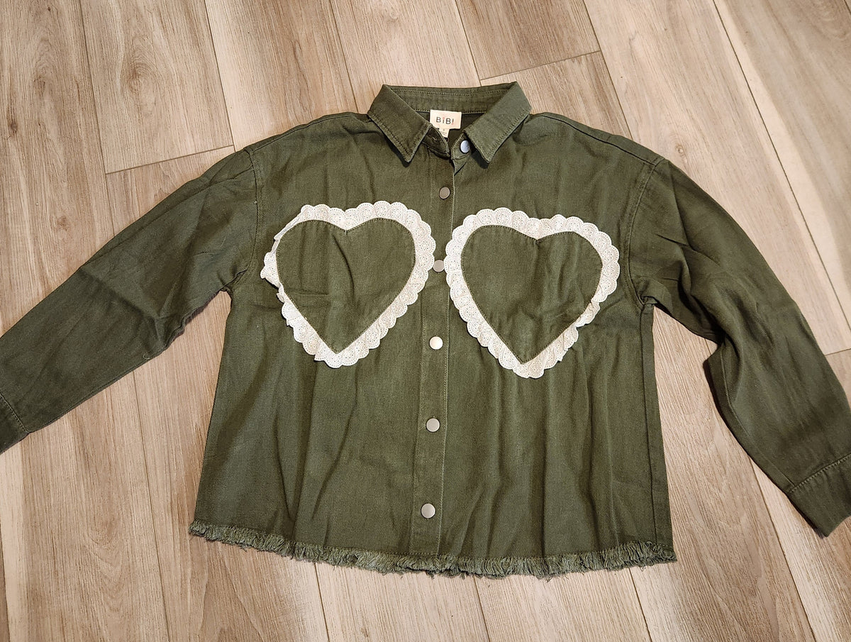 Olive Lace Heart Patch Button Down