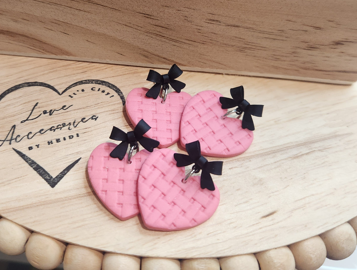 Basket Weave Pink Hearts with Black Bow