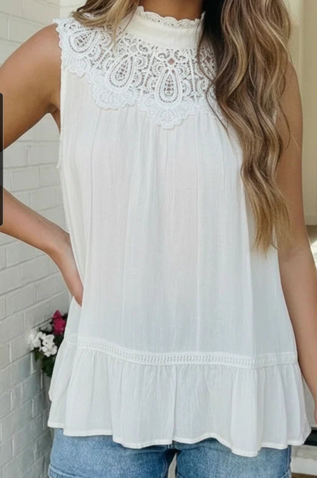 Sheer Sleeveless Lace Mock Neck Top