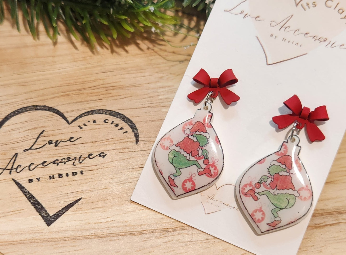 BootyCheeks Grinch Dangle Earrings w/red bows