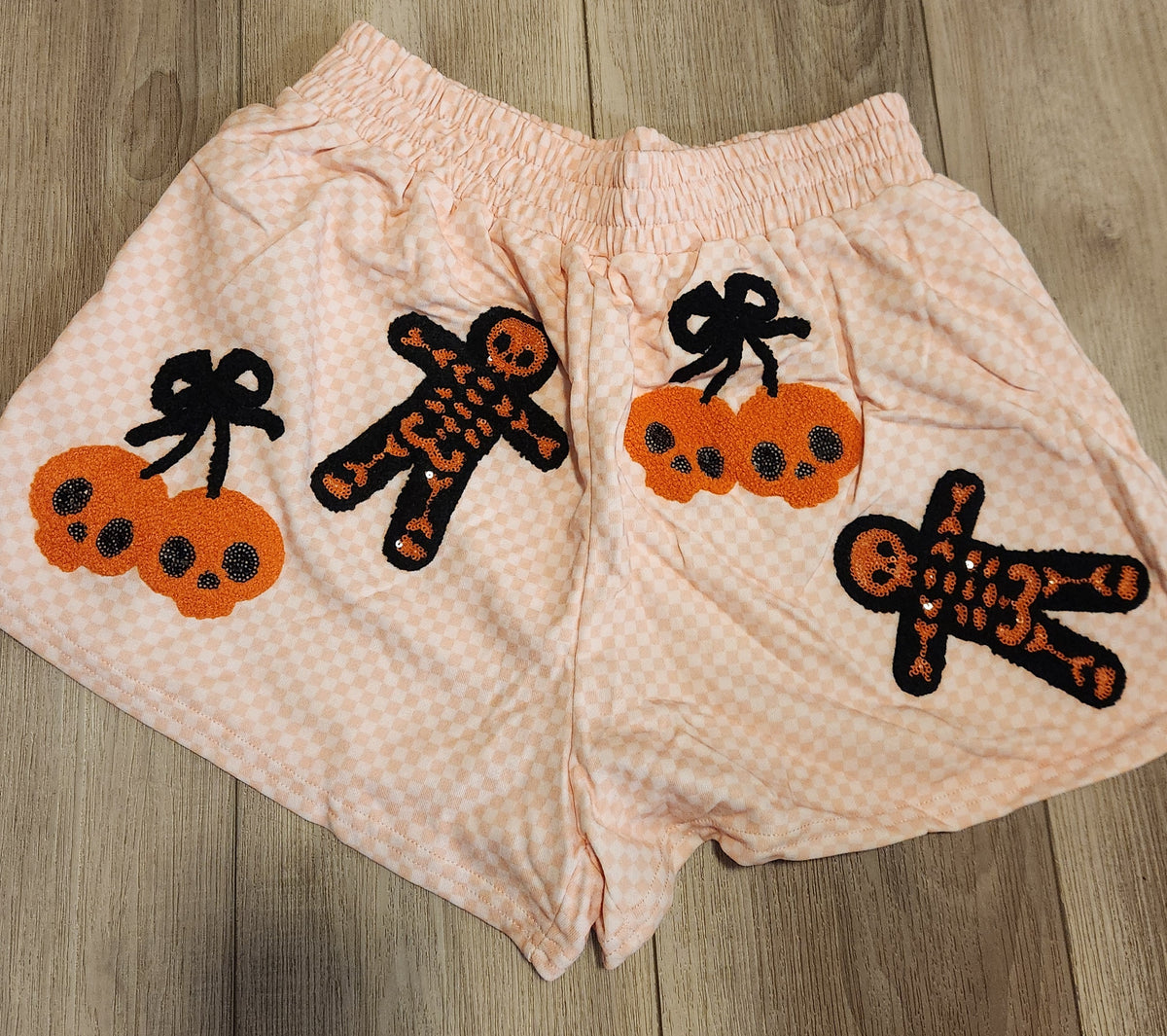 Halloween Skull Cherry and Gingerbread Checkered PJ Shorts