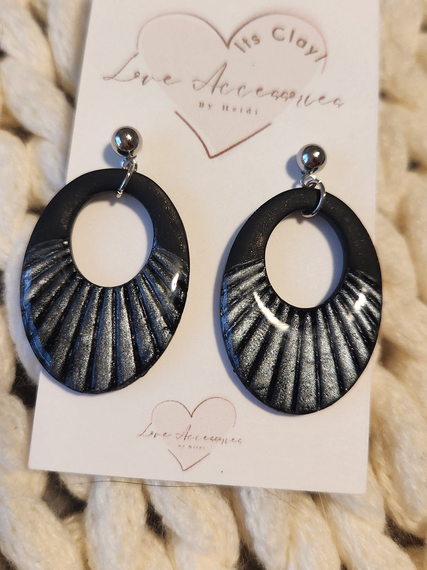 Black and Silver oval rigid Dangle Earrings