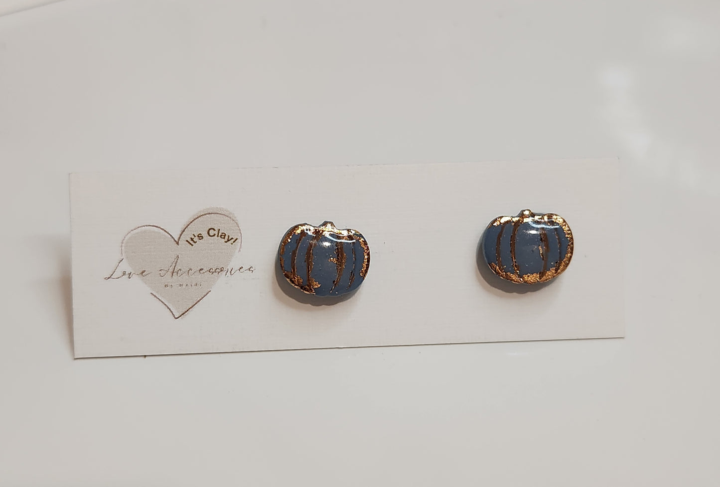 Round pumpkin w/gold foil stud earrings in Sky Blue
