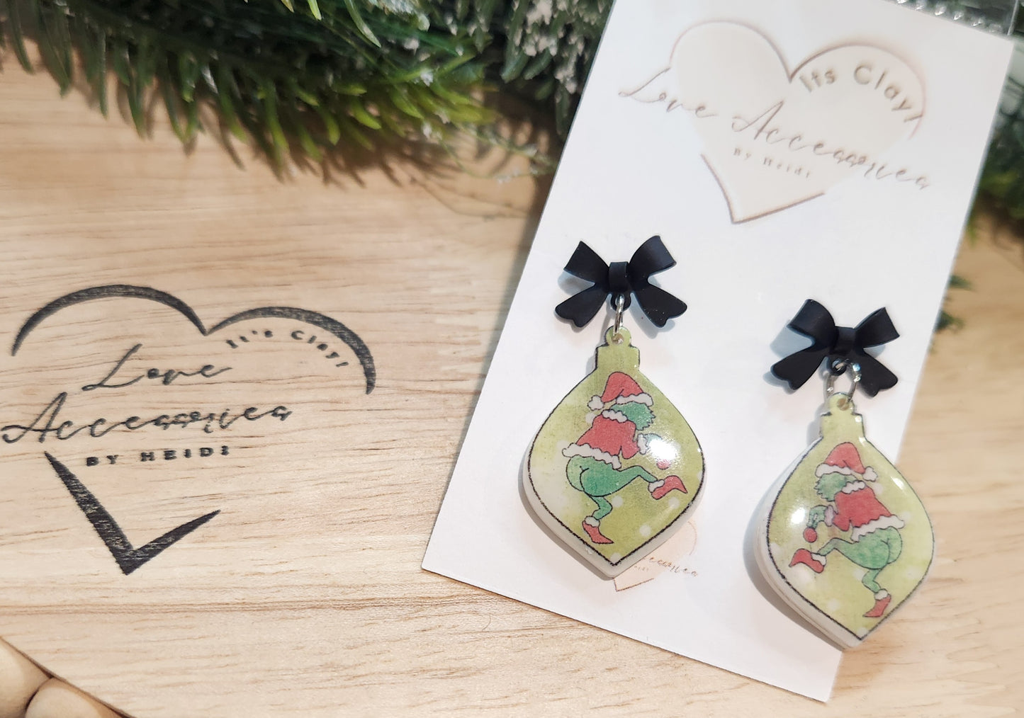 BootyCheeks Grinch Dangle Earrings w/black bows