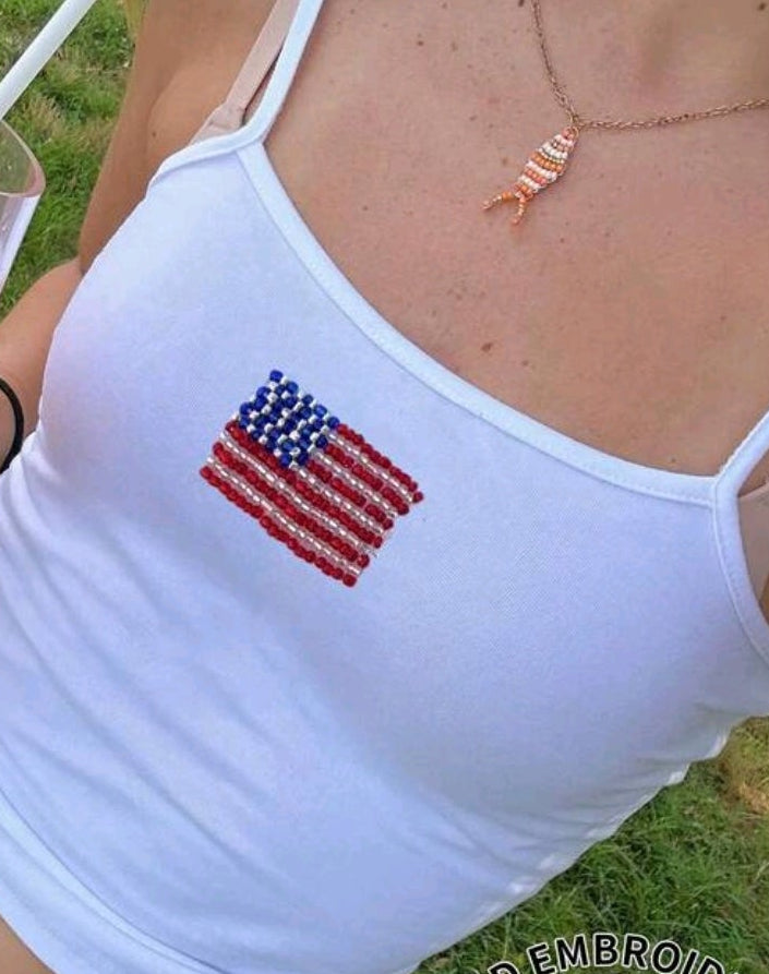 Beaded American Flag White Tank Top Spaghetti Strap.