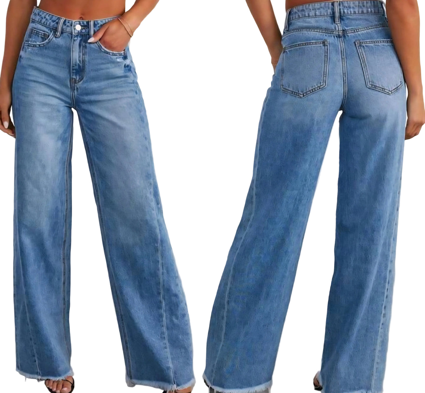 Womens High Waisted Wide Leg Frayed Hem Denim