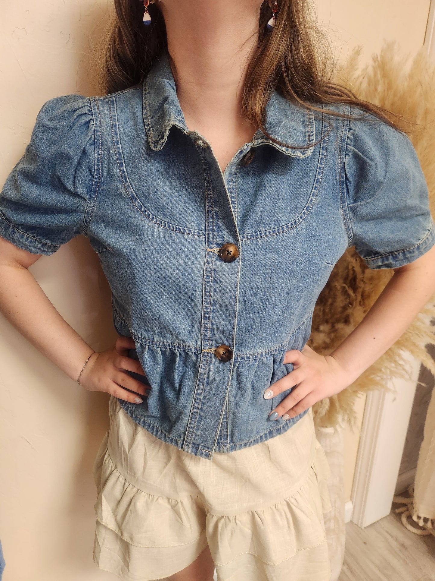 Puffed sleeve button down denim top