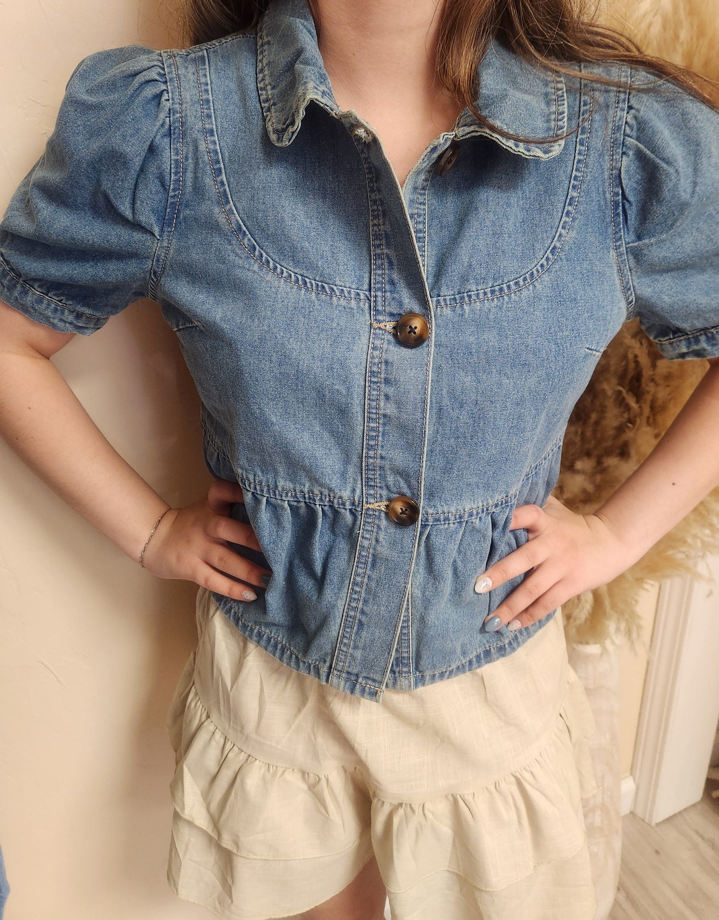 Puffed sleeve button down denim top