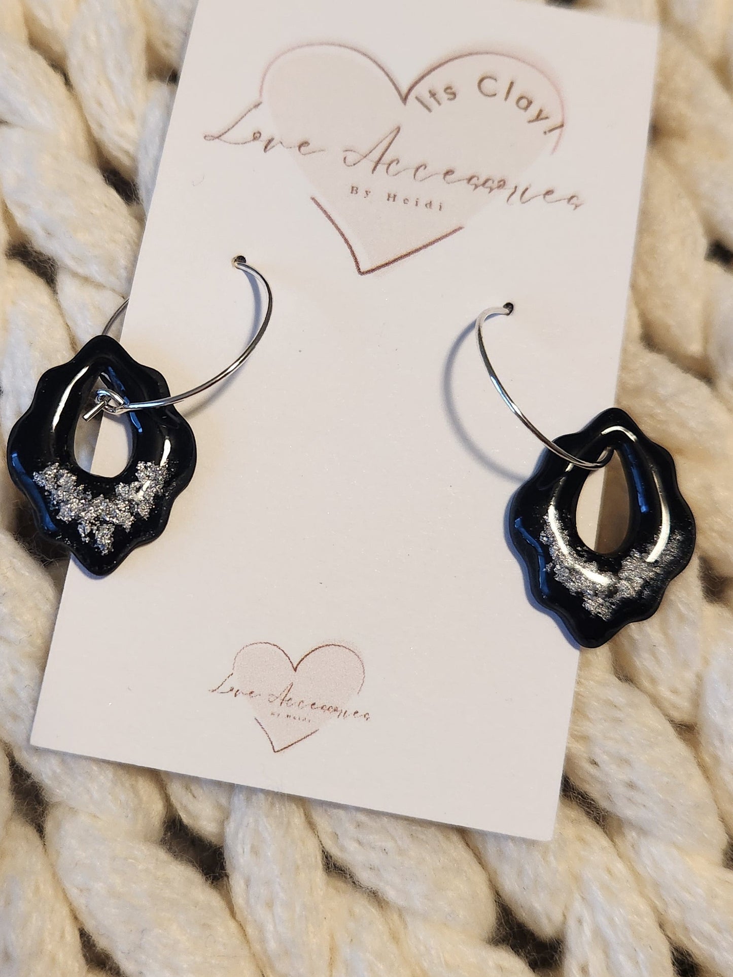 Black and Silver scalloped shaped silver hoop earrings
