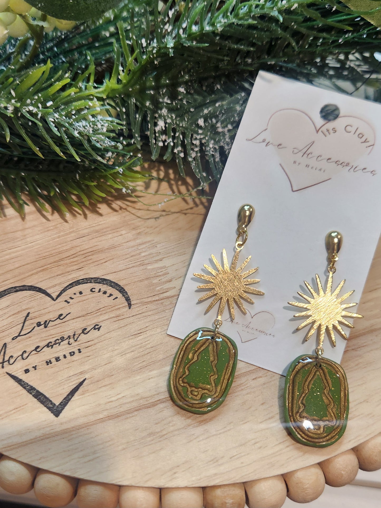 Gold Starburst Christmas Tree Dangle Earrings