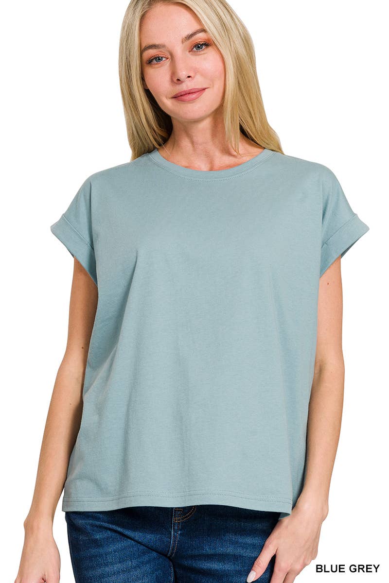 Round Neck Folded Short Sleeve T Shirt