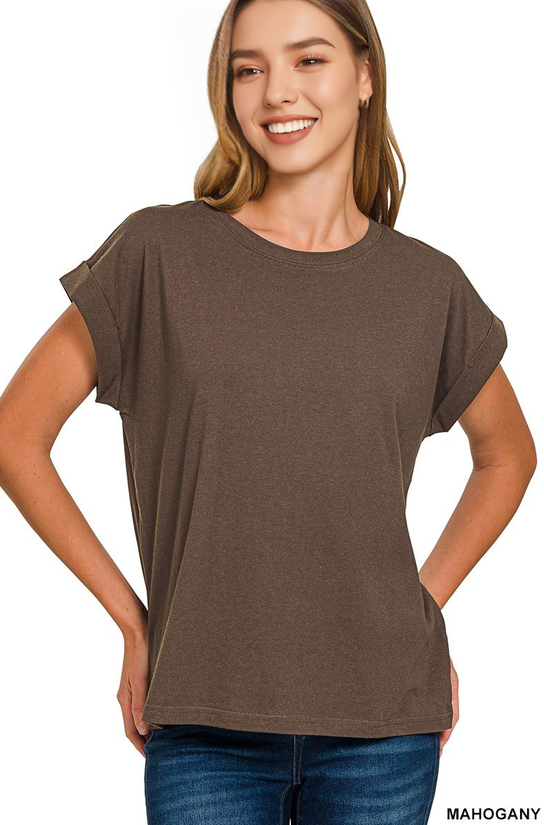 Round Neck Folded Short Sleeve T Shirt