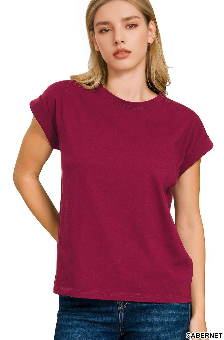 Round Neck Folded Short Sleeve T Shirt