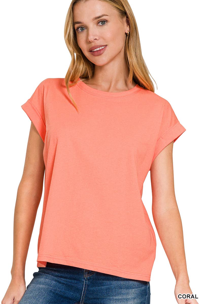 Round Neck Folded Short Sleeve T Shirt
