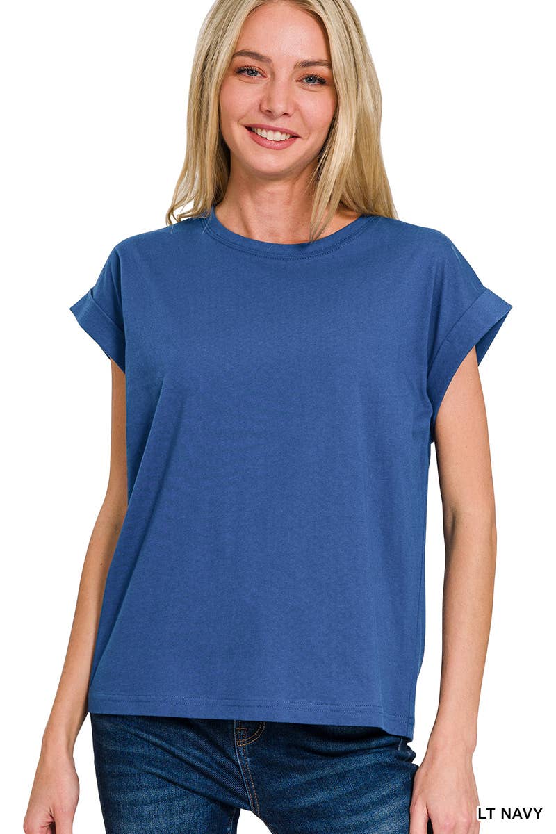 Round Neck Folded Short Sleeve T Shirt