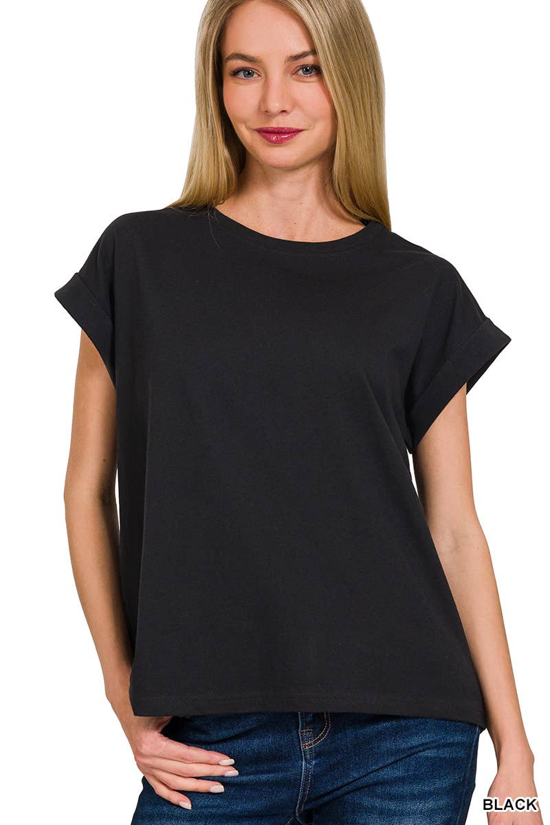Round Neck Folded Short Sleeve T Shirt