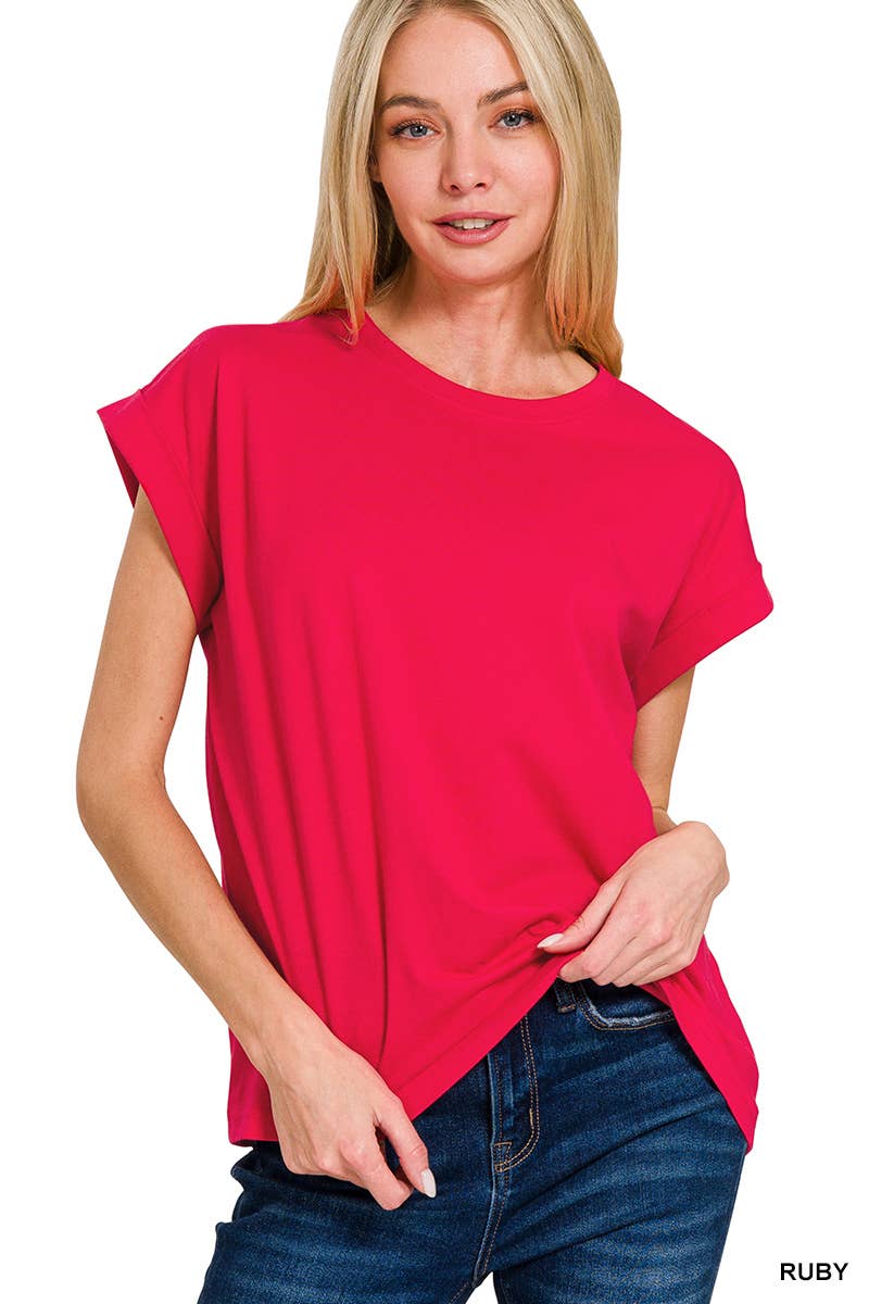 Round Neck Folded Short Sleeve T Shirt