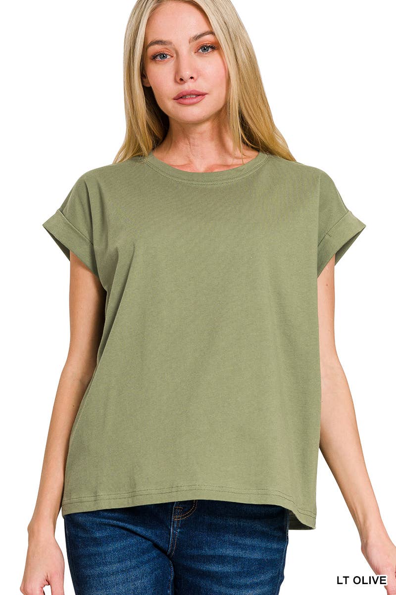 Round Neck Folded Short Sleeve T Shirt
