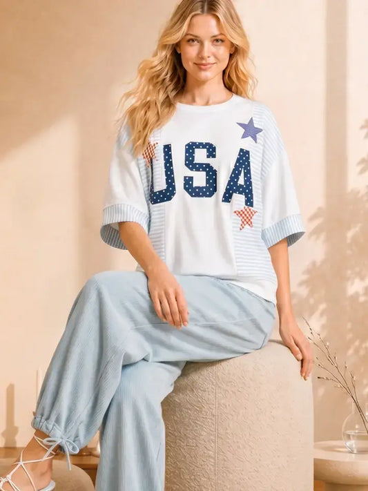 4th of July USA Star Patchwork Oversized Top