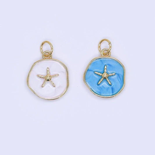 24K Gold Filled 15mm Enamel Floating Sea Starfish Charm in Blue & White