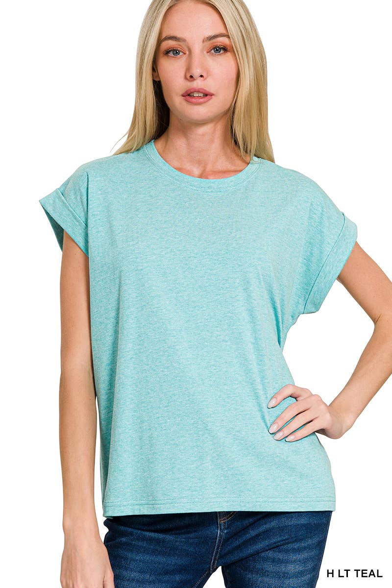 Round Neck Folded Short Sleeve T Shirt