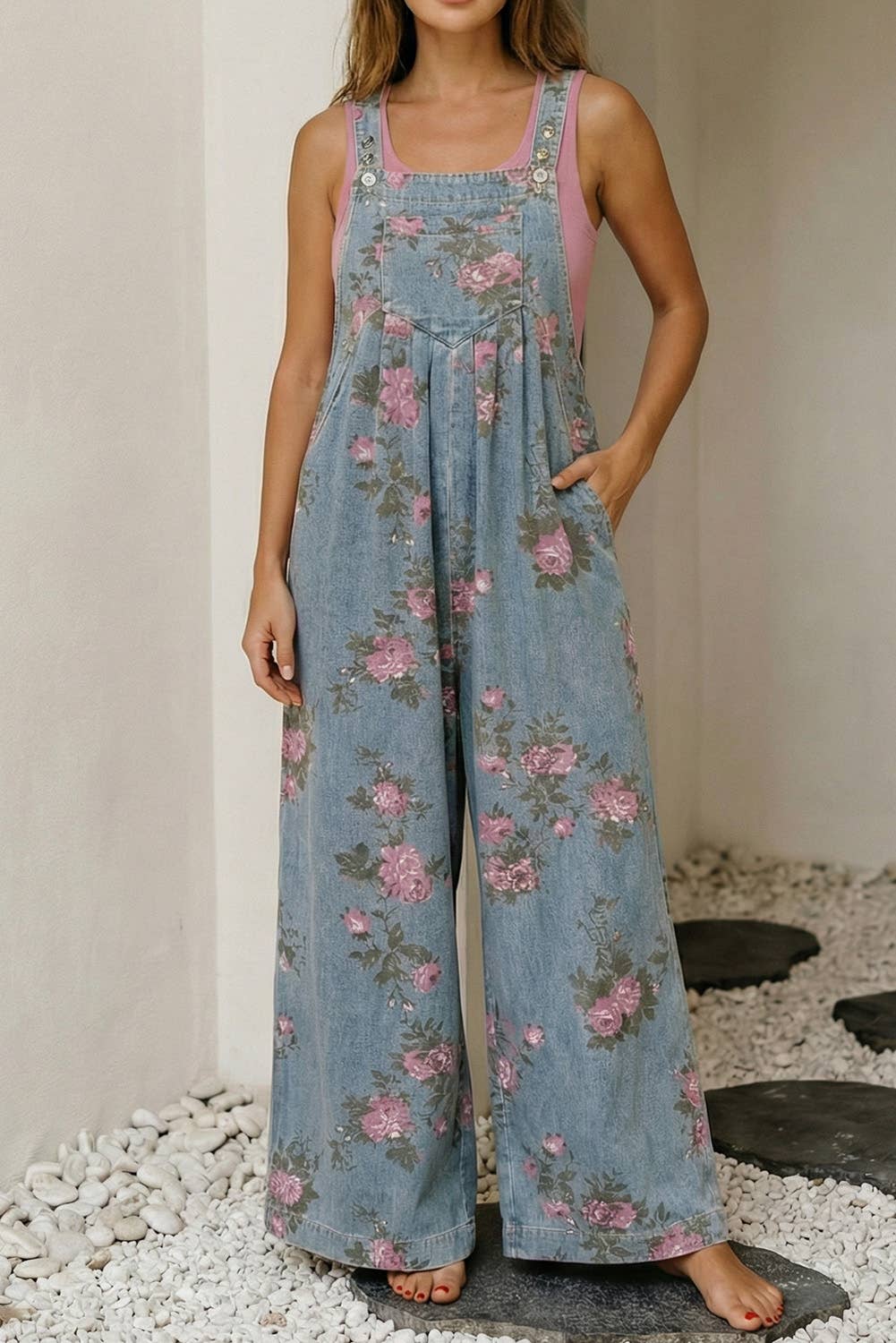 Floral Pleated High Waist Wide Leg Denim Overalls