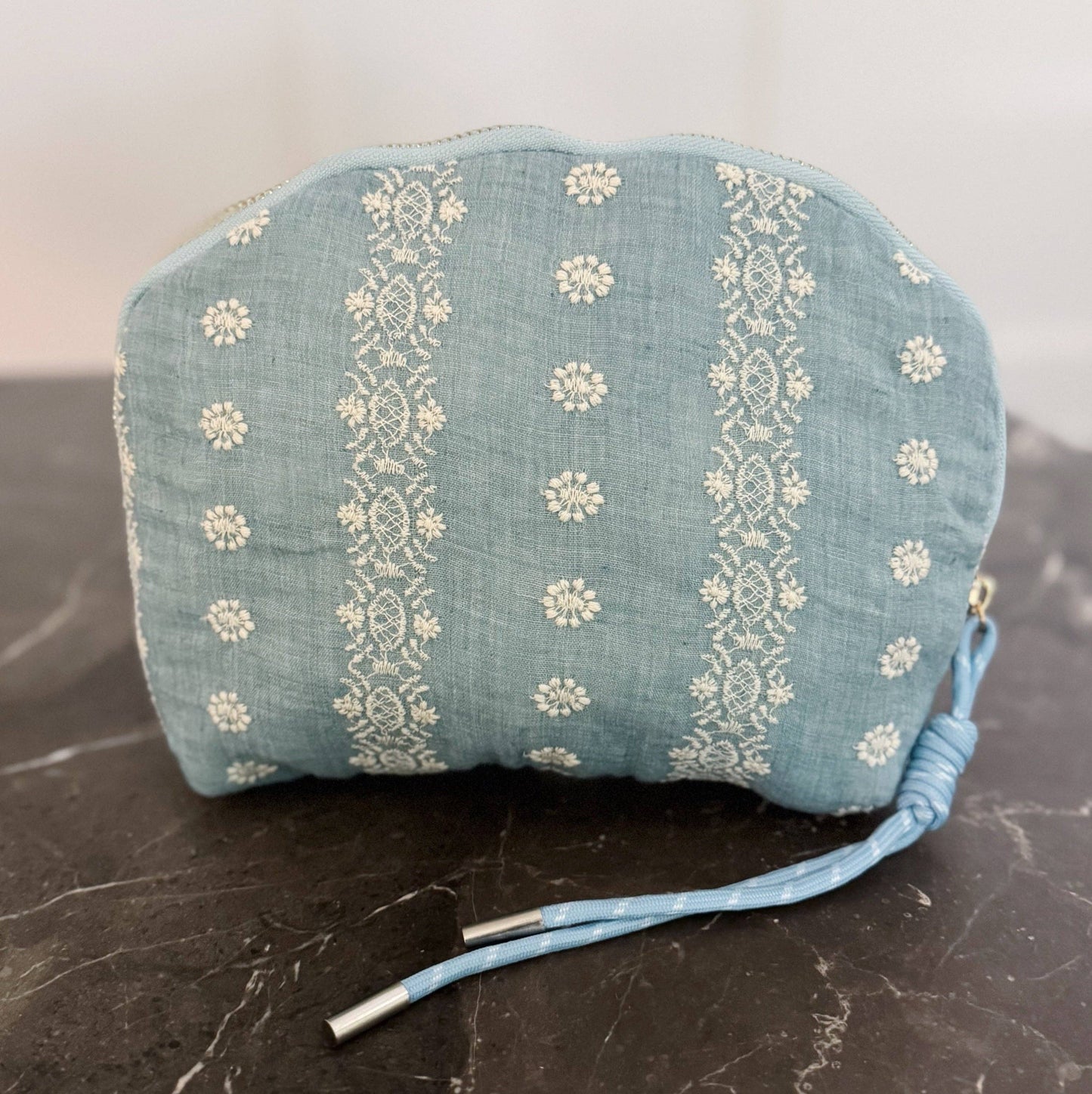 Blue and White Crochet Pattern Cosmetic bag. Vintage Inspired