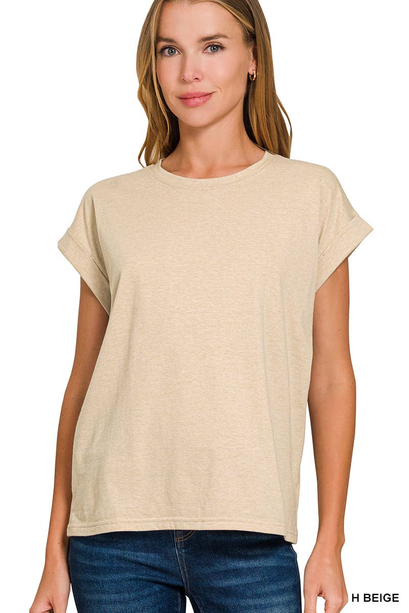 Round Neck Folded Short Sleeve T Shirt