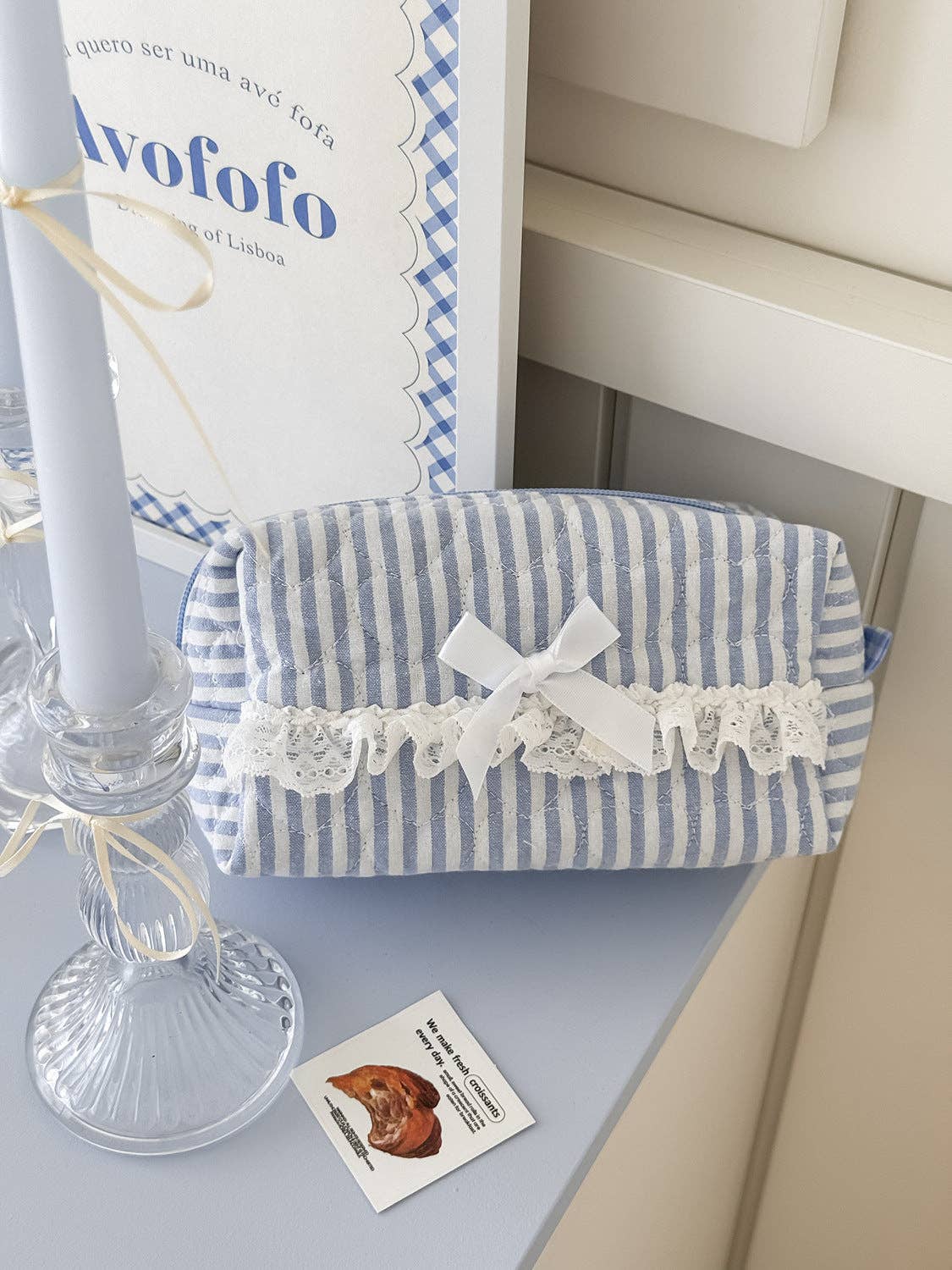 Lace Trim Stripe Quilted Makeup Bag