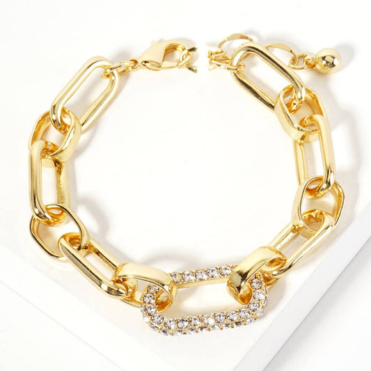 CZ Stone Paved Oval Ring Link Chain Bracelet Gold Dipped