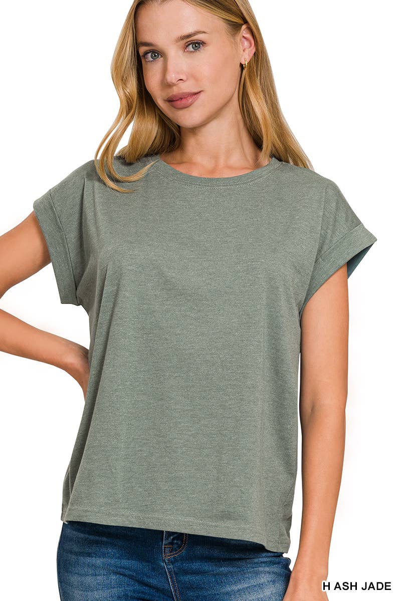Round Neck Folded Short Sleeve T Shirt