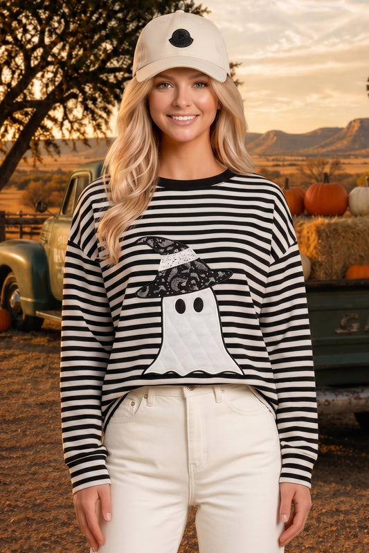 Halloween Ghost Appliqué Striped Long Sleeve Top