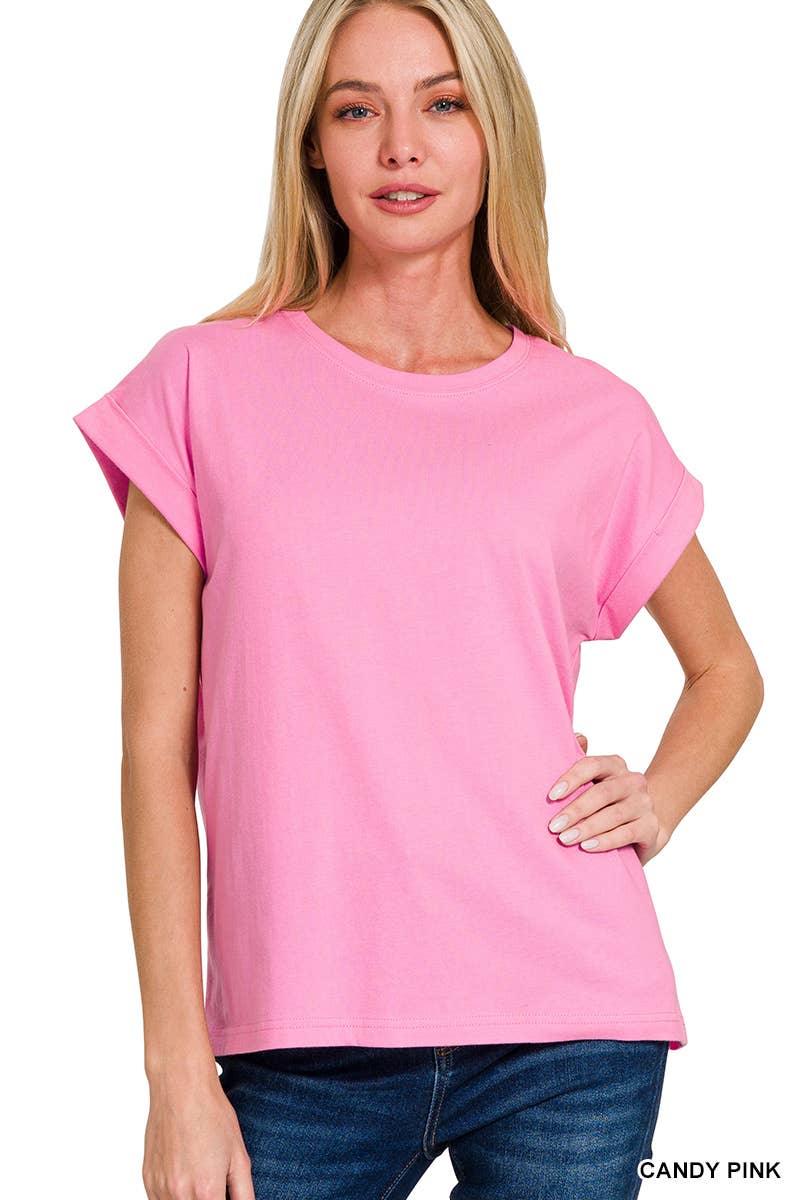 Round Neck Folded Short Sleeve T Shirt