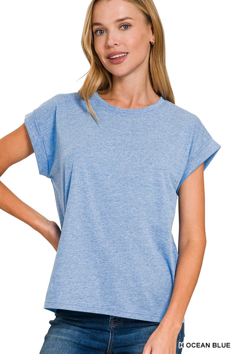 Round Neck Folded Short Sleeve T Shirt