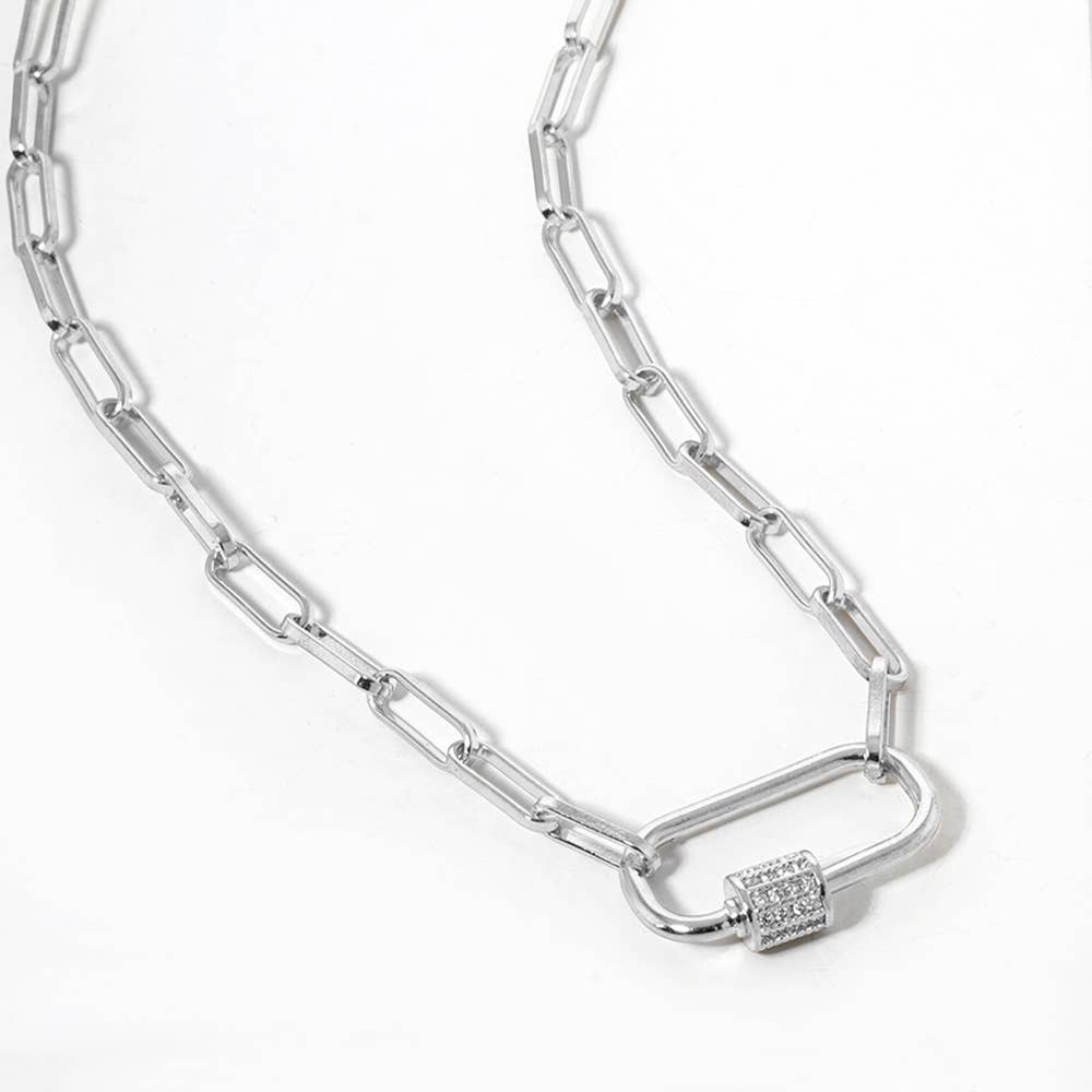 Gold Dipped CZ Carabiner Pendant Paperclip Chain Necklace