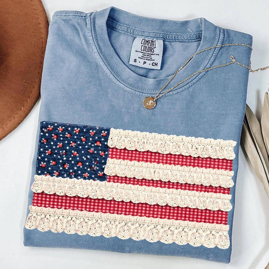 American Flag Shirt,Faux Patchwork  Graphic Tee