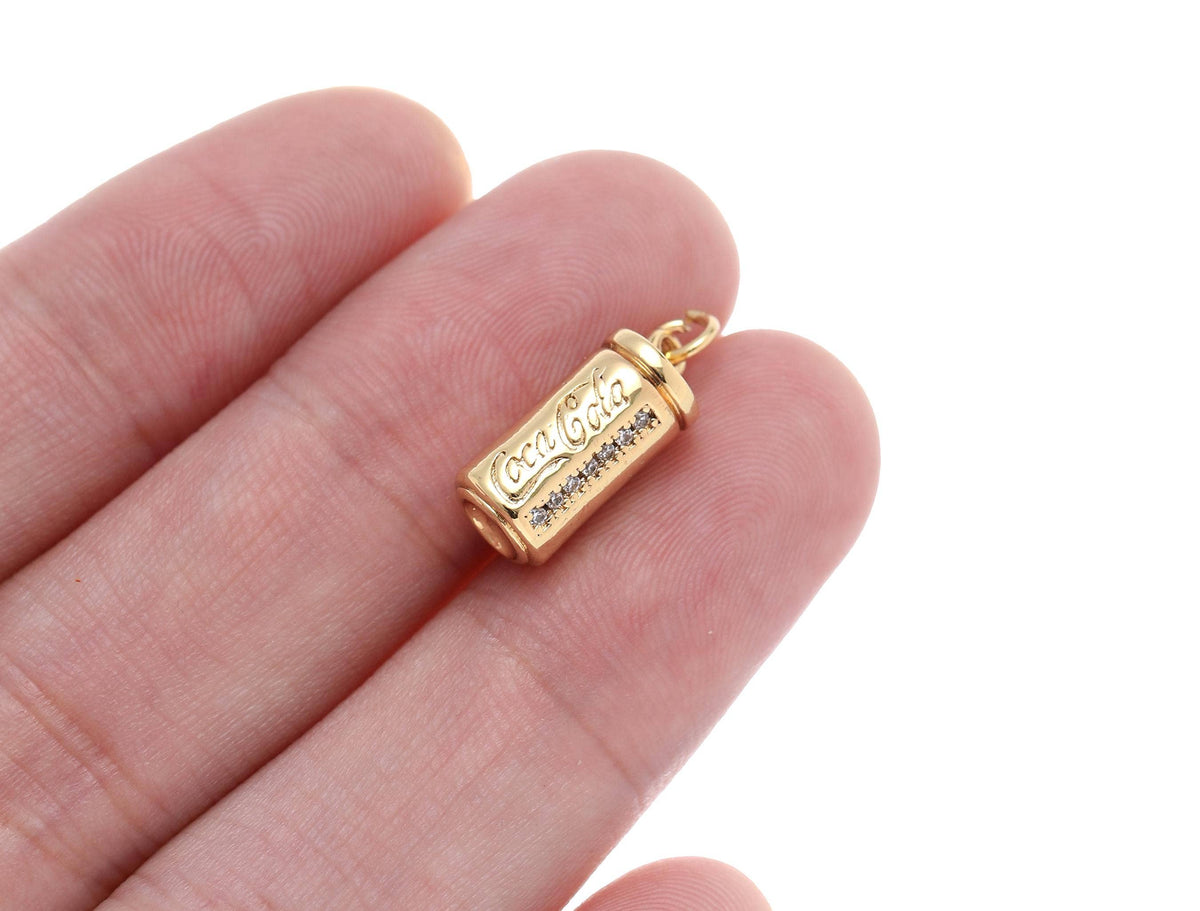 18k Gold Mini Cola Soda CZ Dangle Charm Pendant