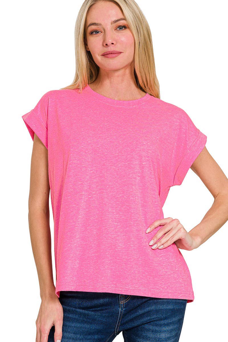 Round Neck Folded Short Sleeve T Shirt
