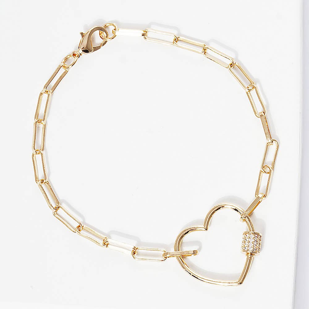 CZ Open Heart Carabiner Paperclip Chain Bracelet