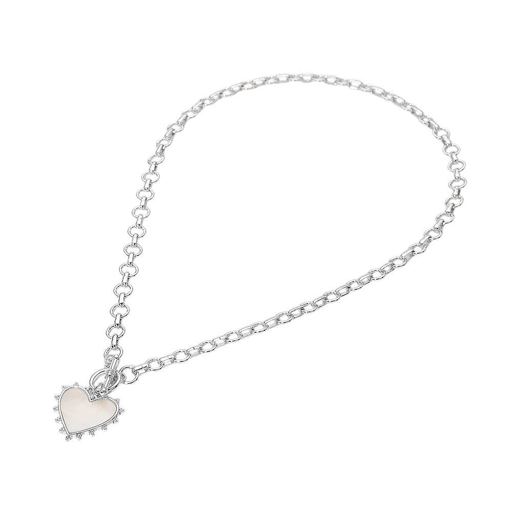 Bead Mother of Pearl Heart Charm Toggle Chain Necklace