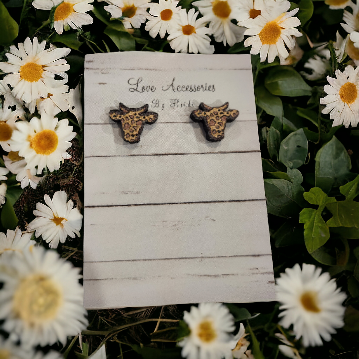 Mini Wood Leopard Print Cow Head Stud Earrings