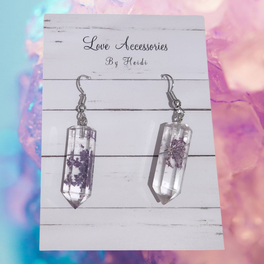 Crystal Dangle Earrings with pressed baby purple flowers