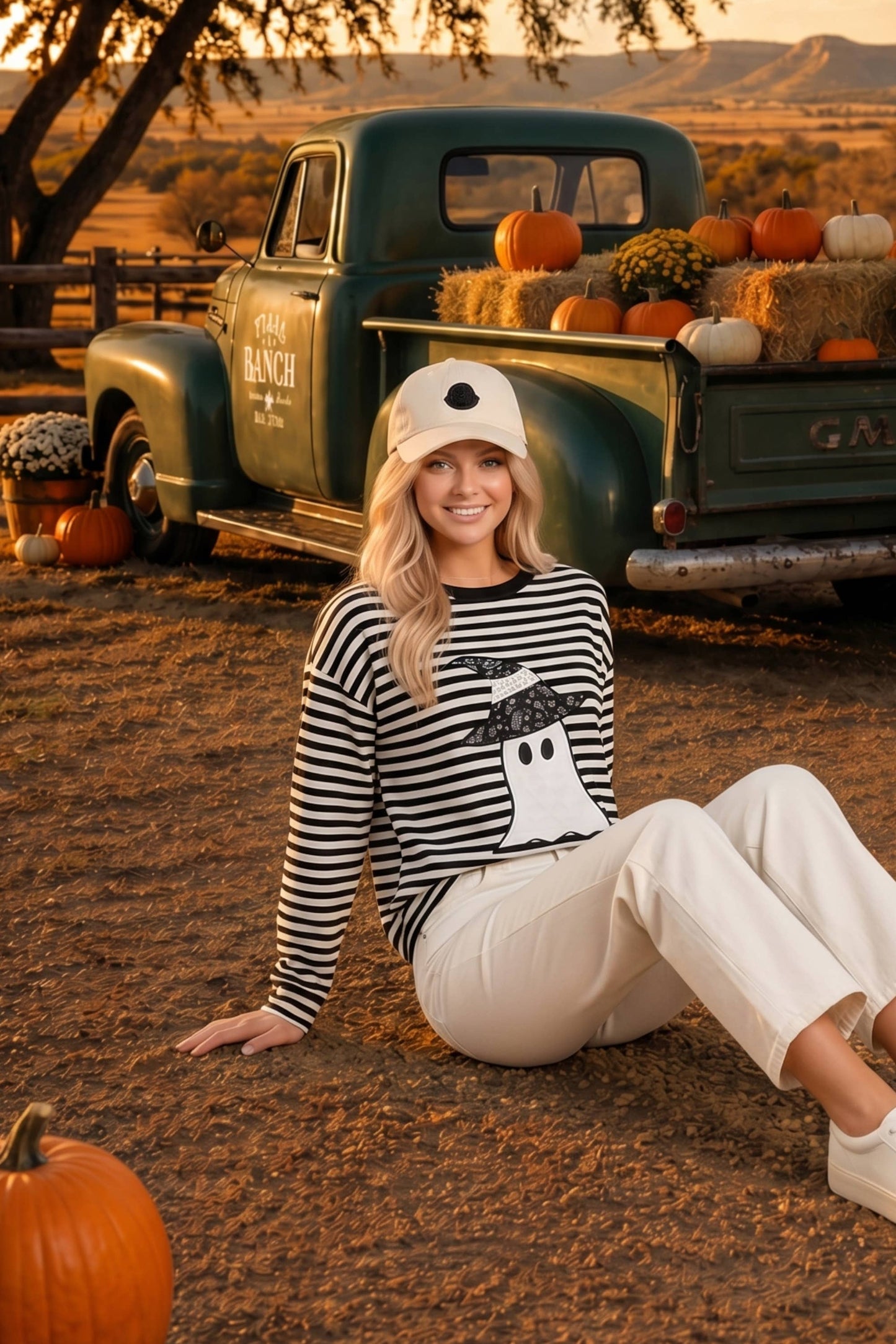 Halloween Ghost Appliqué Striped Long Sleeve Top