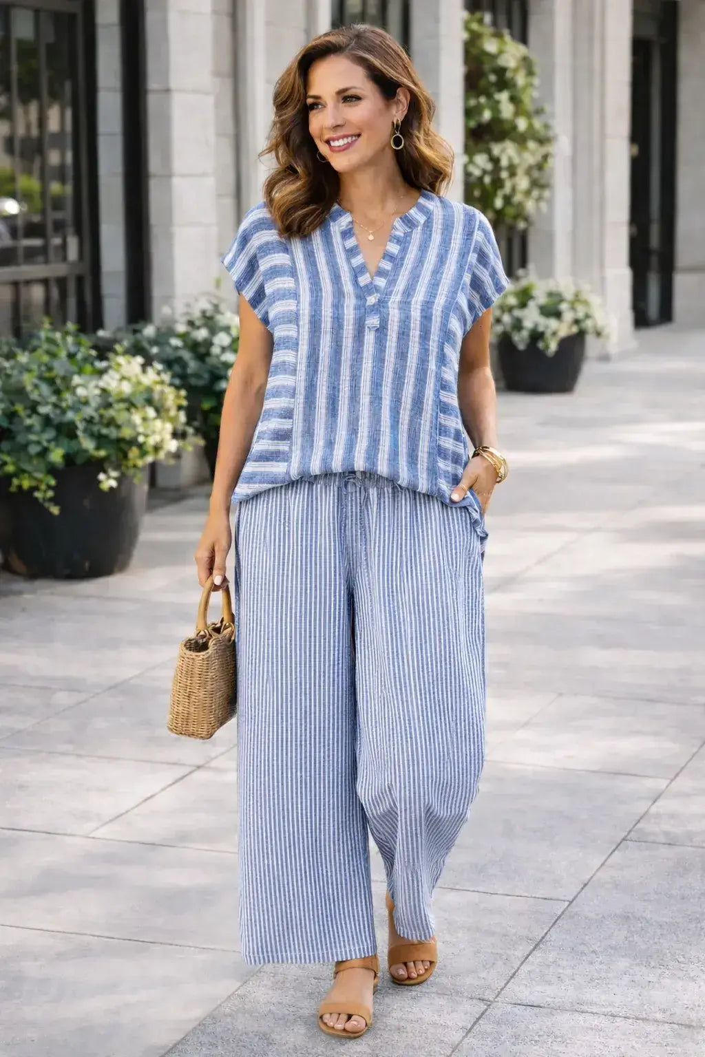 Striped  Dolman V-Notch Blouse