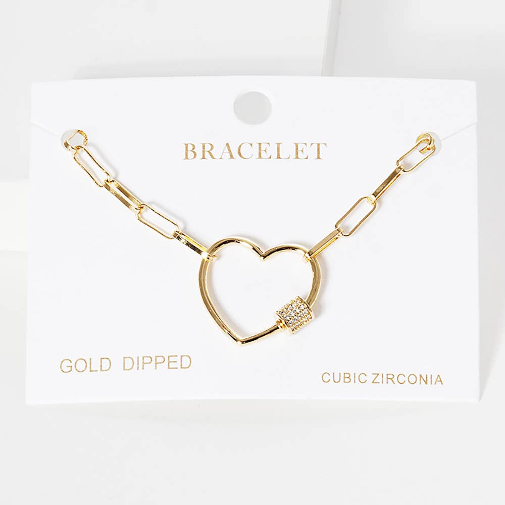 CZ Open Heart Carabiner Paperclip Chain Bracelet