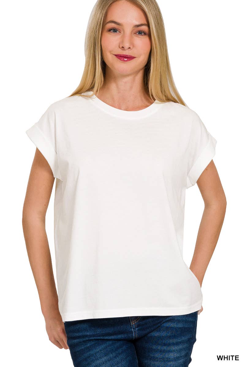 Round Neck Folded Short Sleeve T Shirt