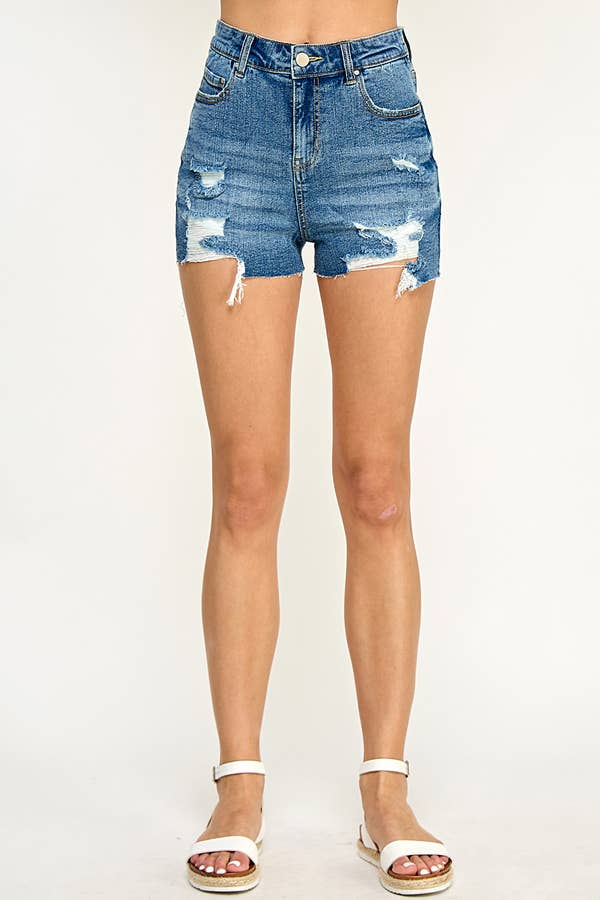 STRETCH HIGH RISE RIPPED FREY HEM DENIM SHORTS( Runs big)